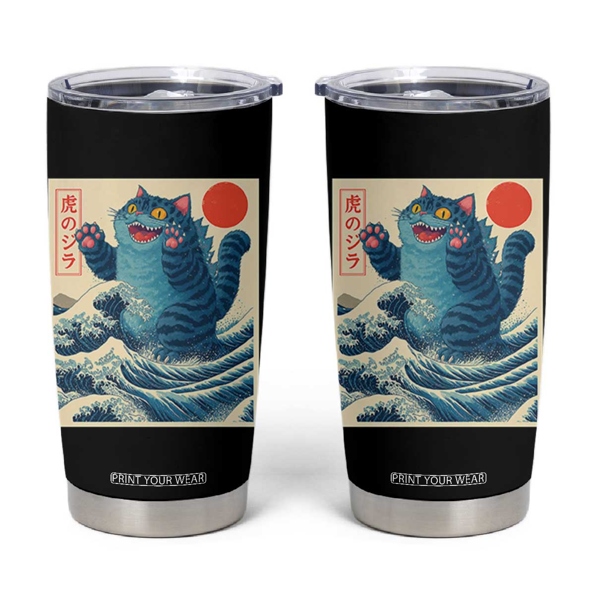 Blue Catzilla Cat Japanese Art Tumbler Cup Kawaii Demon Tiger Funny Kitty Dad Gifts TS10 Black Print Your Wear