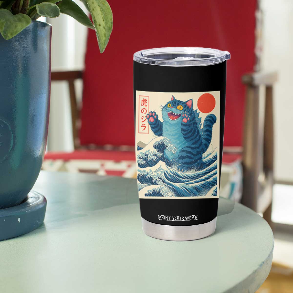 Blue Catzilla Cat Japanese Art Tumbler Cup Kawaii Demon Tiger Funny Kitty Dad Gifts TS10 Print Your Wear