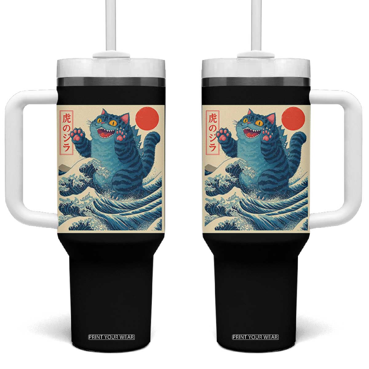 Blue Catzilla Cat Japanese Art Tumbler With Handle Kawaii Demon Tiger Funny Kitty Dad Gifts TS10 One Size: 40 oz Black Print Your Wear