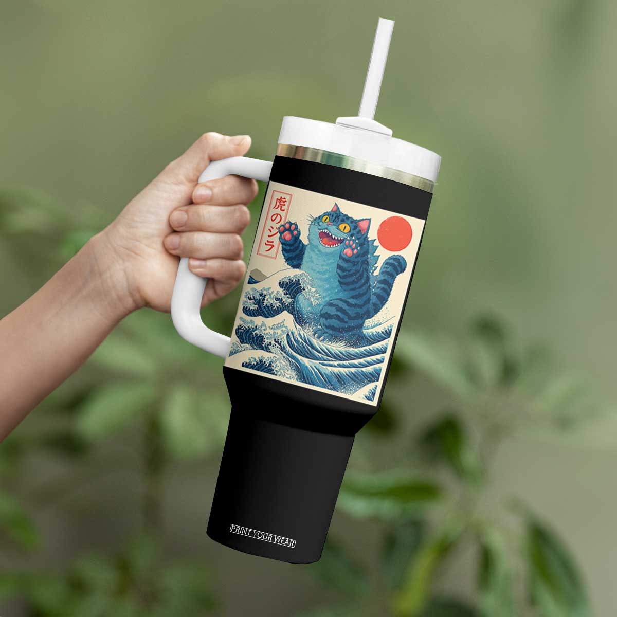 Blue Cat Giant Monster Japanese Art Tumbler With Handle Kawaii Demon Tiger Funny Kitty Dad Gifts TS10 Print Your Wear