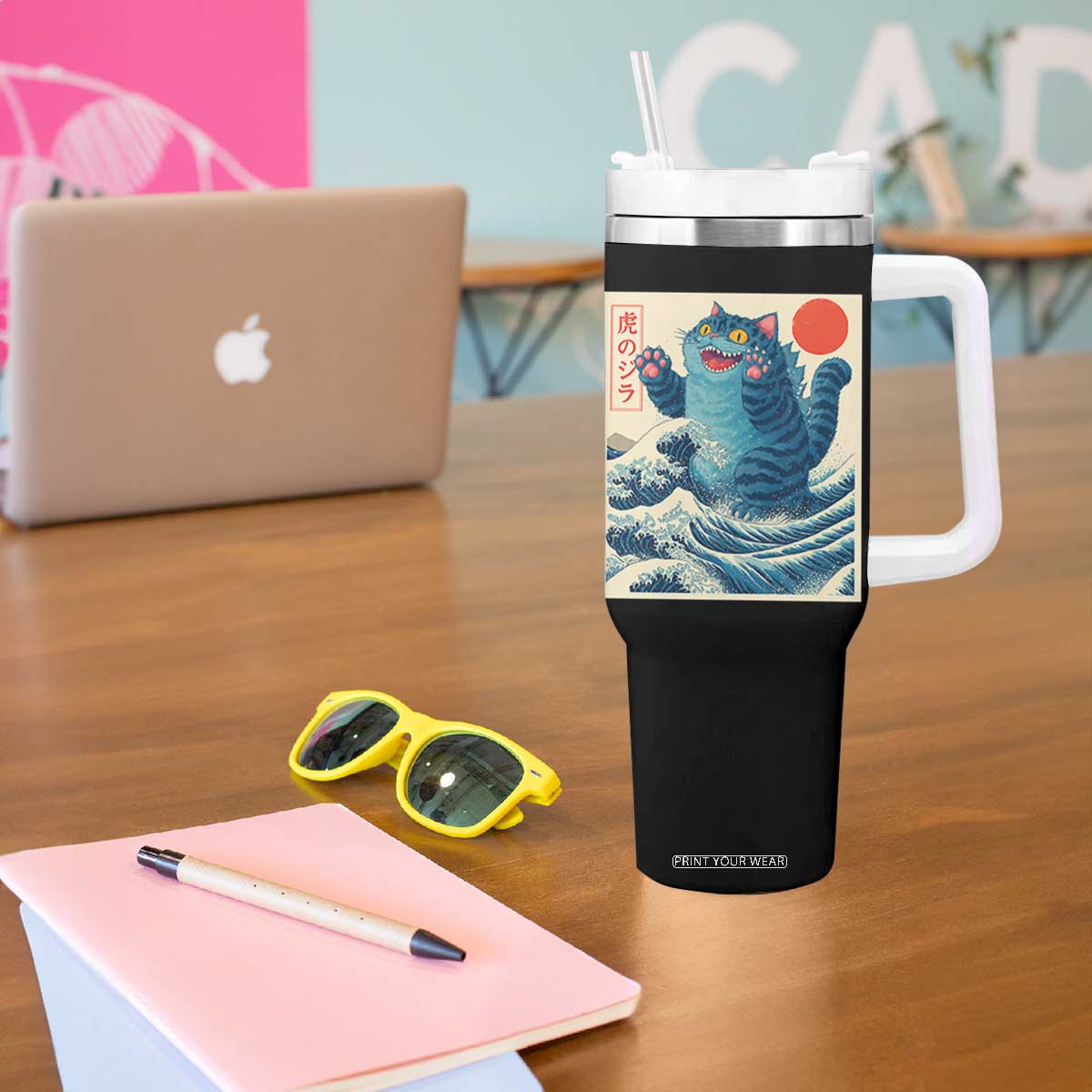 Blue Cat Giant Monster Japanese Art Tumbler With Handle Kawaii Demon Tiger Funny Kitty Dad Gifts TS10 Print Your Wear