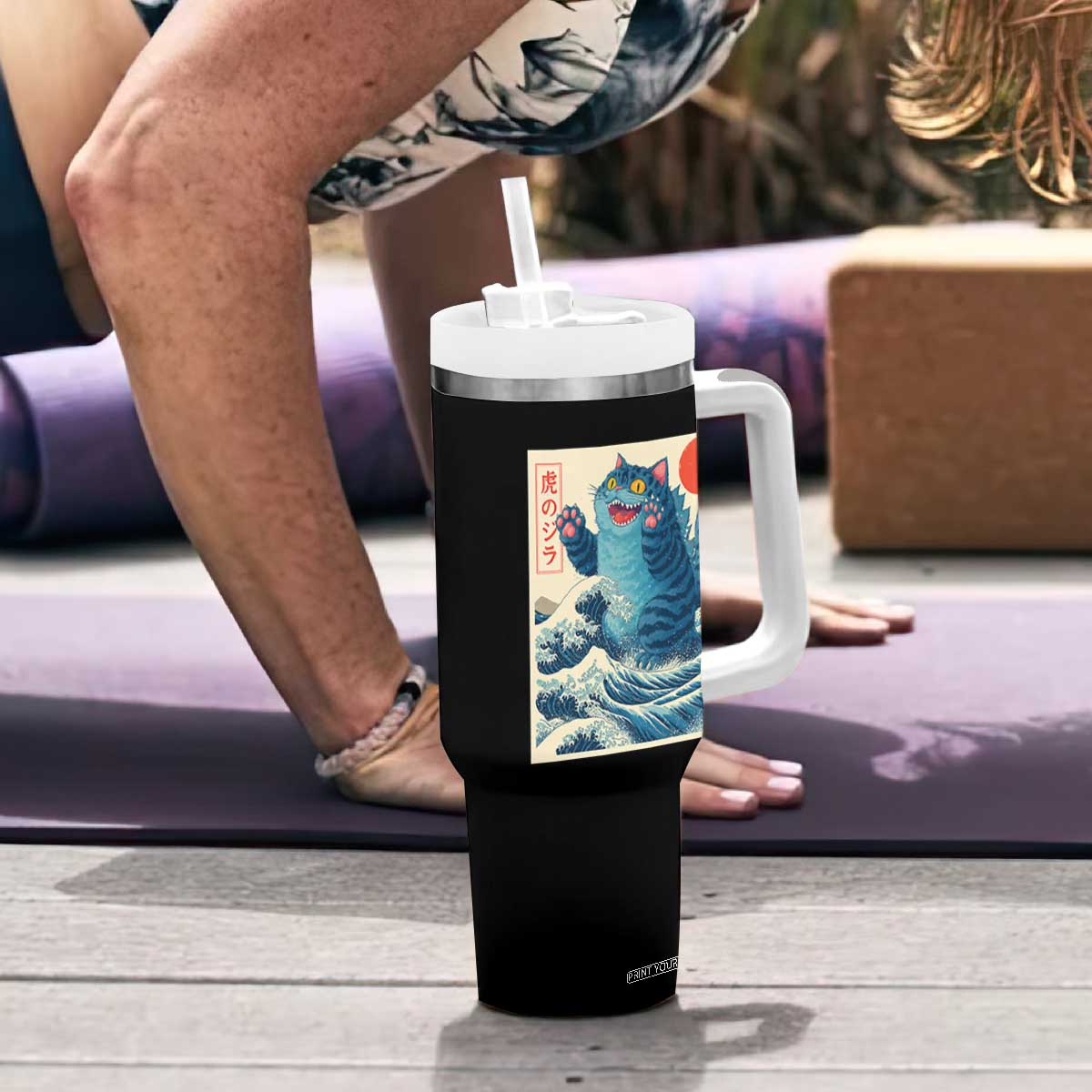 Blue Cat Giant Monster Japanese Art Tumbler With Handle Kawaii Demon Tiger Funny Kitty Dad Gifts TS10 Print Your Wear