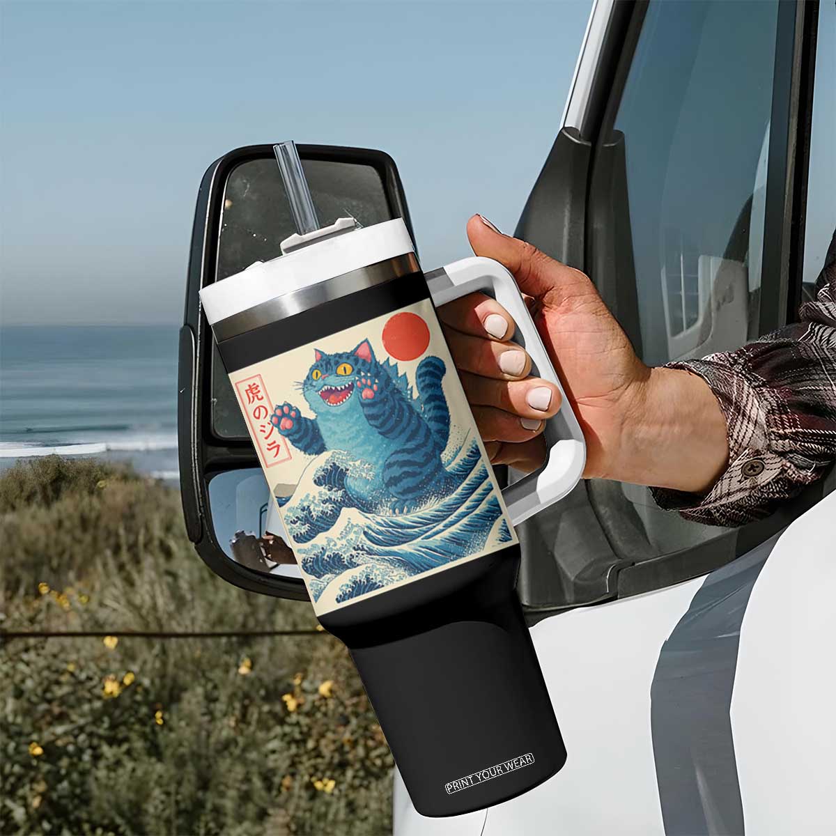 Blue Cat Giant Monster Japanese Art Tumbler With Handle Kawaii Demon Tiger Funny Kitty Dad Gifts TS10 Print Your Wear