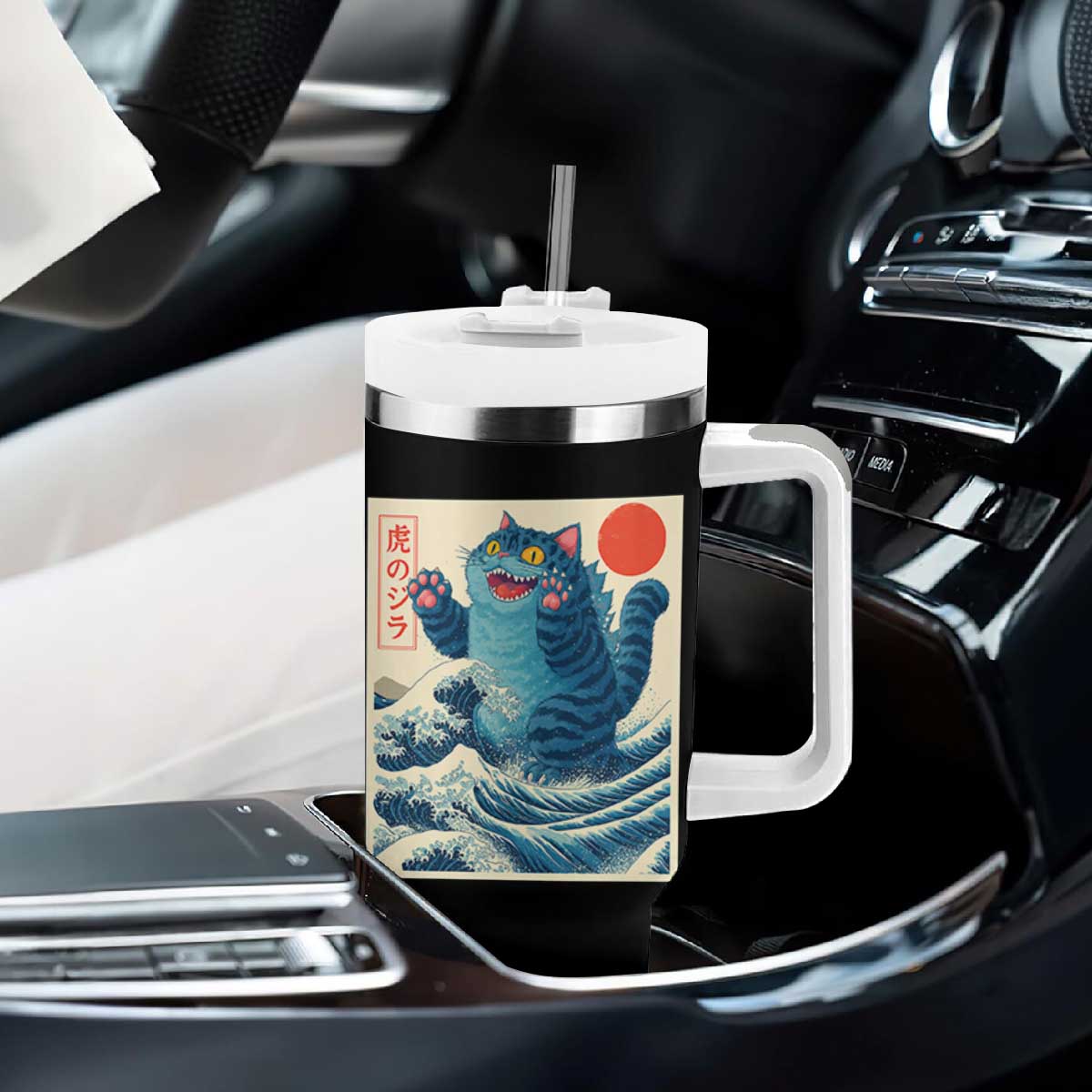 Blue Catzilla Cat Japanese Art Tumbler With Handle Kawaii Demon Tiger Funny Kitty Dad Gifts TS10 Print Your Wear