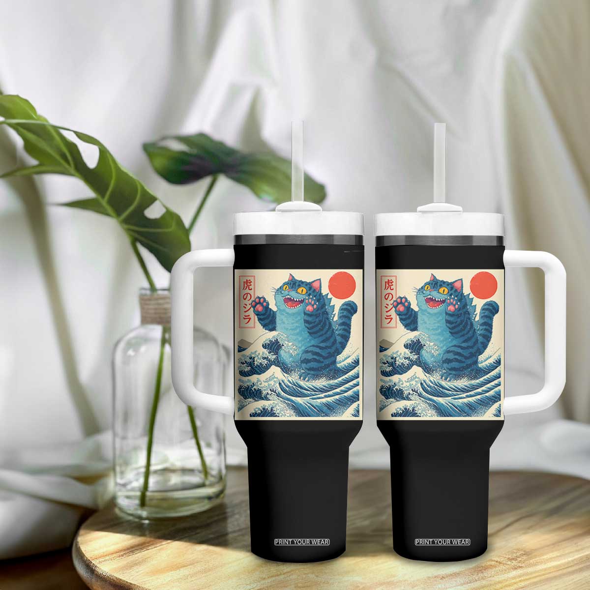 Blue Cat Giant Monster Japanese Art Tumbler With Handle Kawaii Demon Tiger Funny Kitty Dad Gifts TS10 Print Your Wear