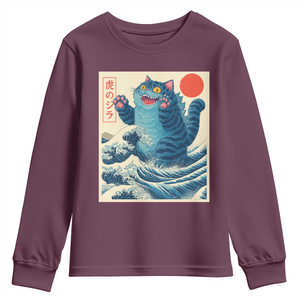 Blue Cat Giant Monster Japanese Art Youth Sweatshirt Kawaii Demon Tiger Funny Kitty Dad Gifts TS10 Maroon Print Your Wear