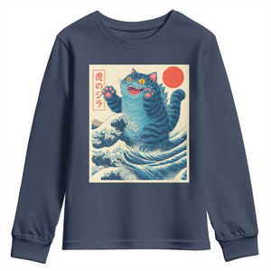 Blue Catzilla Cat Japanese Art Youth Sweatshirt Kawaii Demon Tiger Funny Kitty Dad Gifts TS10 Navy Print Your Wear