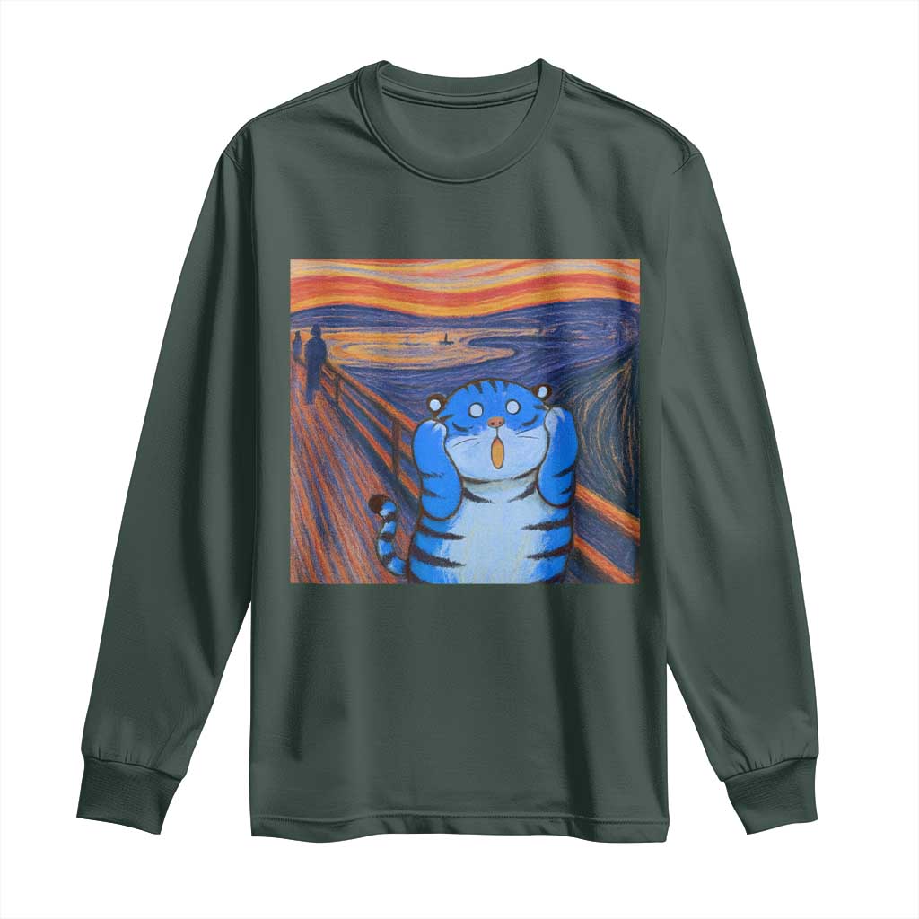 Blue Tiger Scream Long Sleeve Shirt Cute Animal Anime Demon Aesthetic Painting TS10 Dark Forest Green Print Your Wear