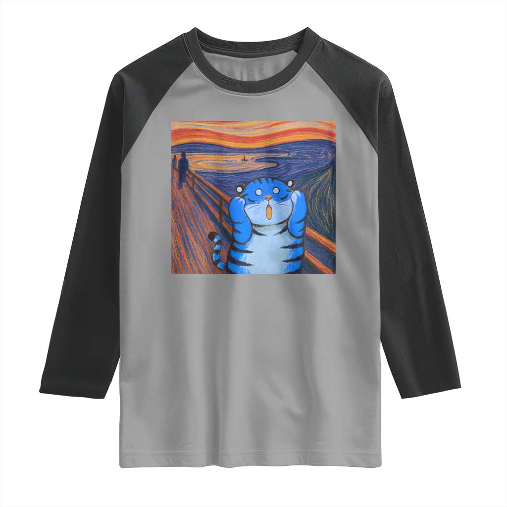 Blue Tiger Scream Raglan Shirt Cute Animal Anime Demon Aesthetic Painting TS10 Sport Gray Black Print Your Wear