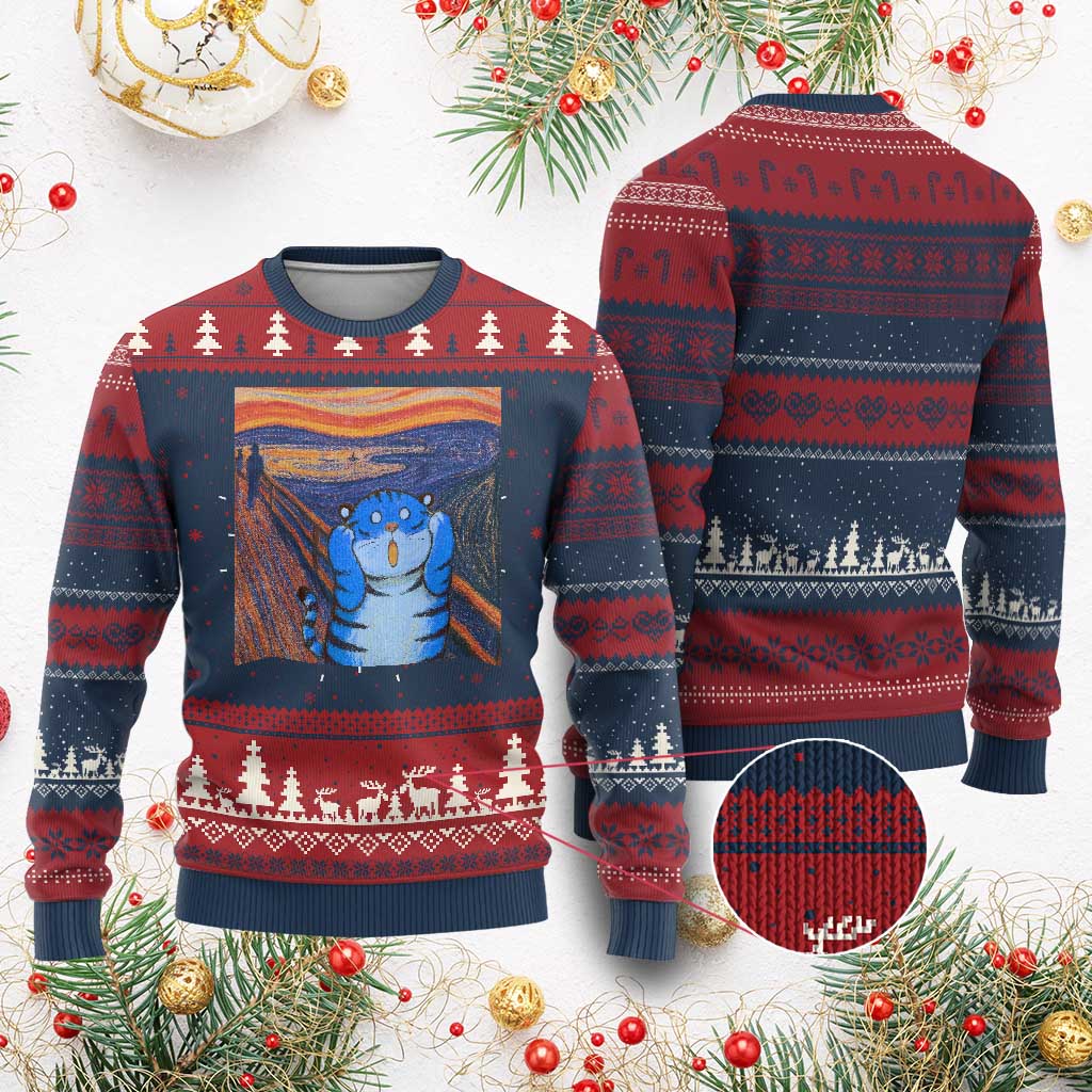 Blue Tiger Scream Knit Sweatshirt Cute Animal Anime Demon Aesthetic Painting TS10 Burgundy Print Your Wear