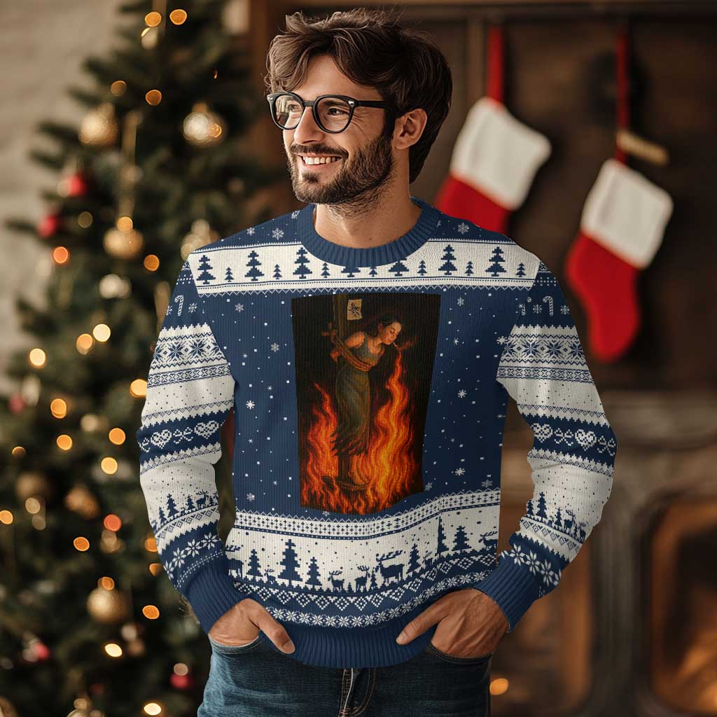 Funny Halloween Witch Ugly Christmas Sweater Witch Lighting Cigarette With Flames Occult Unholy TS10 Navy Beige Print Your Wear