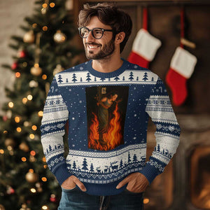 Funny Halloween Witch Ugly Christmas Sweater Witch Lighting Cigarette With Flames Occult Unholy TS10 Navy Beige Print Your Wear