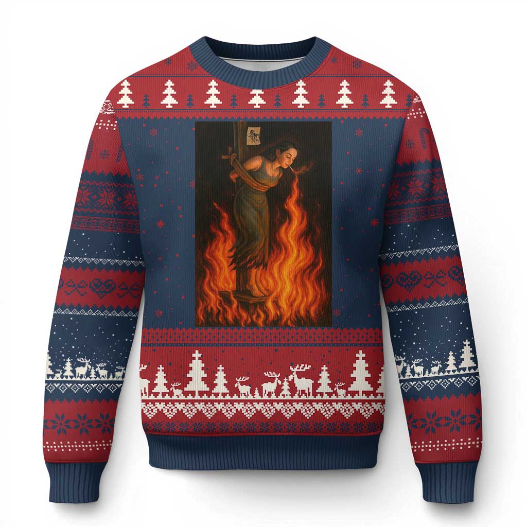 Funny Halloween Witch Ugly Christmas Sweater Witch Lighting Cigarette With Flames Occult Unholy TS10 Navy Red Print Your Wear