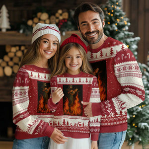 Funny Halloween Witch Ugly Christmas Sweater Witch Lighting Cigarette With Flames Occult Unholy TS10 Red Beige Print Your Wear