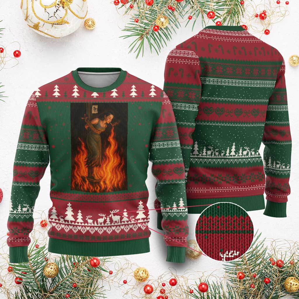 Funny Halloween Witch Ugly Christmas Sweater Witch Lighting Cigarette With Flames Occult Unholy TS10 Red Green Print Your Wear