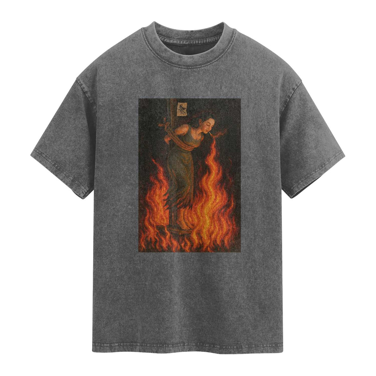 Funny Halloween Witch Washed Cotton T-Shirt Witch Lighting Cigarette With Flames Occult Unholy