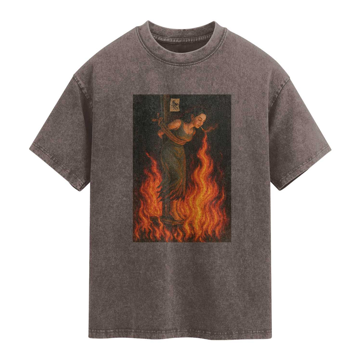 Funny Halloween Witch Washed Cotton T-Shirt Witch Lighting Cigarette With Flames Occult Unholy