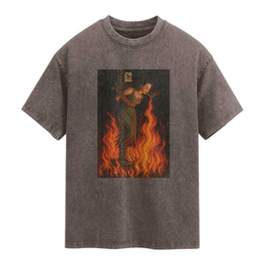 Funny Halloween Witch Washed Cotton T-Shirt Witch Lighting Cigarette With Flames Occult Unholy