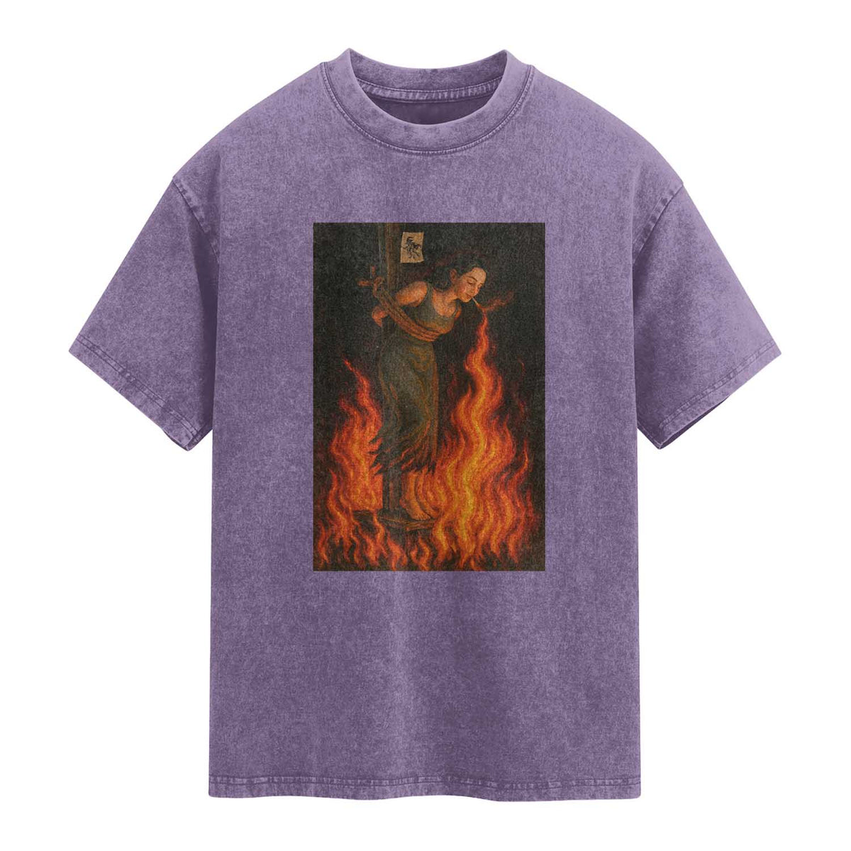 Funny Halloween Witch Washed Cotton T-Shirt Witch Lighting Cigarette With Flames Occult Unholy