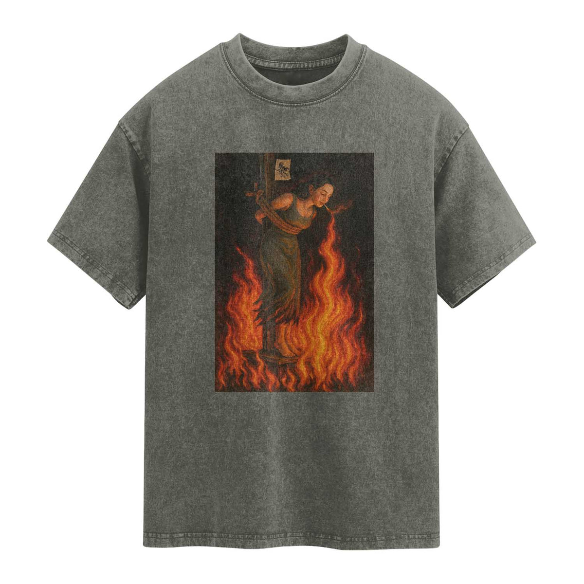 Funny Halloween Witch Washed Cotton T-Shirt Witch Lighting Cigarette With Flames Occult Unholy