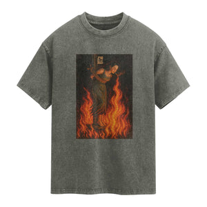 Funny Halloween Witch Washed Cotton T-Shirt Witch Lighting Cigarette With Flames Occult Unholy