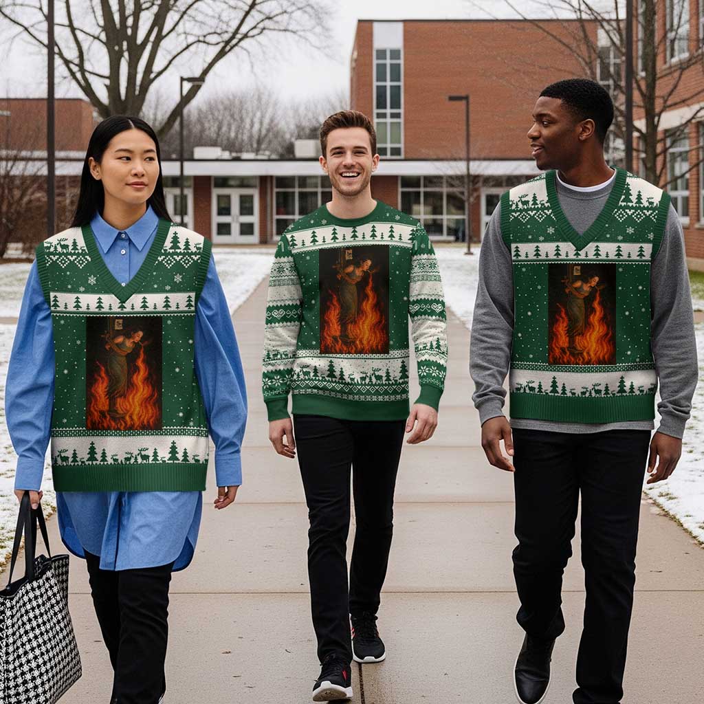 Funny Halloween Witch V-Neck Knit Sweater Vest Witch Lighting Cigarette With Flames Occult Unholy TS10 Forest Green Beige Print Your Wear