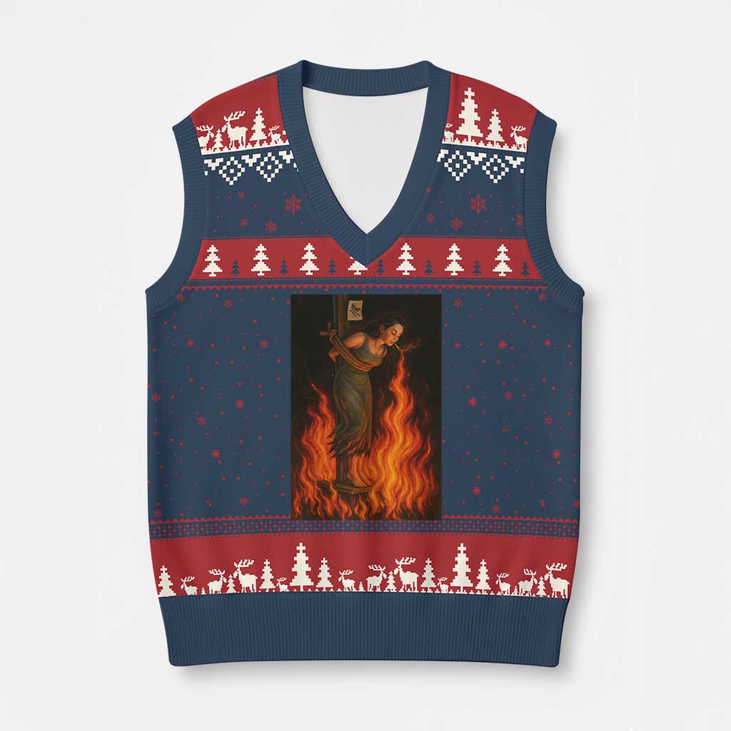Funny Halloween Witch V-Neck Knit Sweater Vest Witch Lighting Cigarette With Flames Occult Unholy TS10 Navy Red Print Your Wear