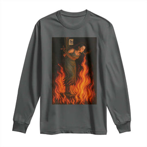 Funny Halloween Witch Long Sleeve Shirt Witch Lighting Cigarette With Flames Occult Unholy TS10 Dark Heather Print Your Wear