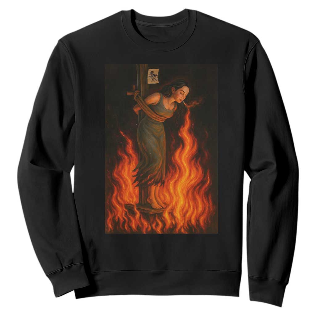 Funny Halloween Witch Sweatshirt Witch Lighting Cigarette With Flames Occult Unholy TS10 Black Print Your Wear