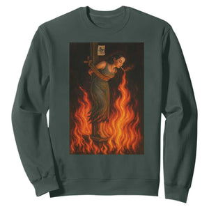 Funny Halloween Witch Sweatshirt Witch Lighting Cigarette With Flames Occult Unholy TS10 Dark Forest Green Print Your Wear
