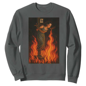 Funny Halloween Witch Sweatshirt Witch Lighting Cigarette With Flames Occult Unholy TS10 Dark Heather Print Your Wear