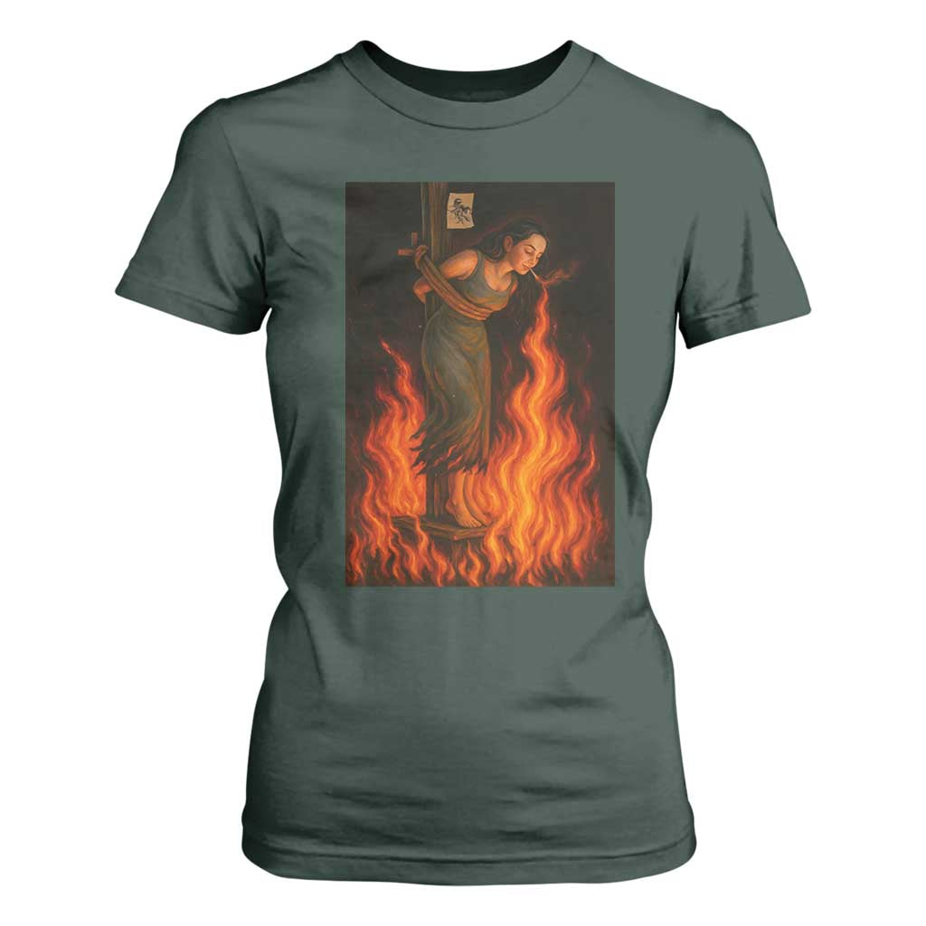 Funny Halloween Witch T Shirt For Women Witch Lighting Cigarette With Flames Occult Unholy TS10 Dark Forest Green Print Your Wear