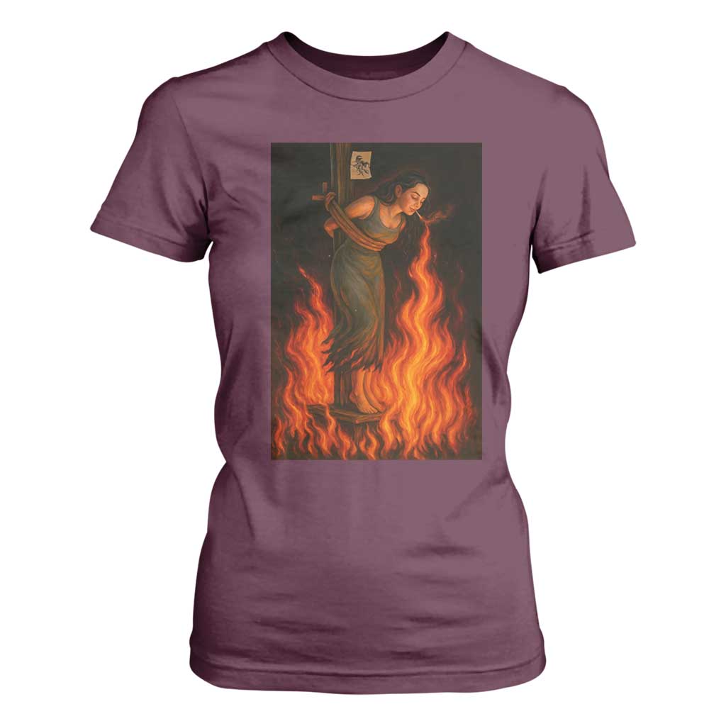 Funny Halloween Witch T Shirt For Women Witch Lighting Cigarette With Flames Occult Unholy TS10 Maroon Print Your Wear