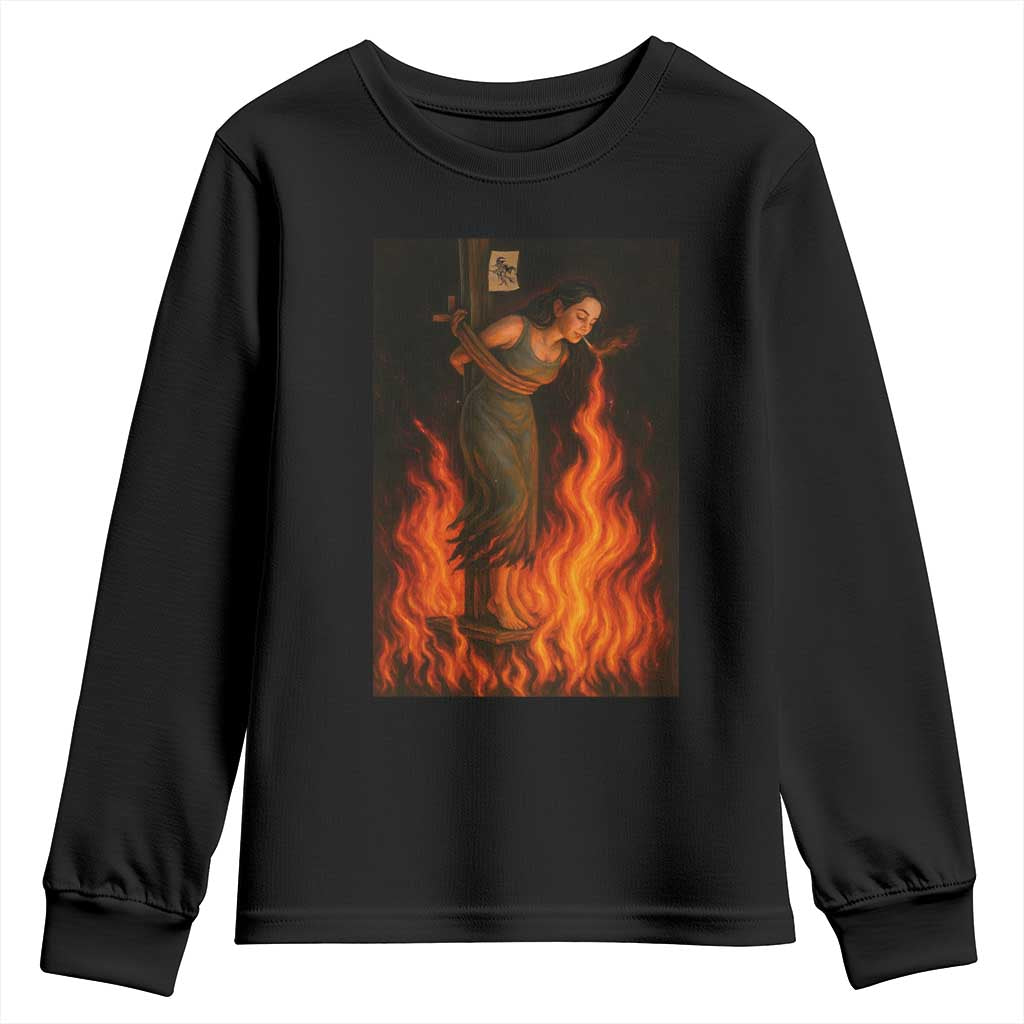 Funny Halloween Witch Youth Sweatshirt Witch Lighting Cigarette With Flames Occult Unholy TS10 Black Print Your Wear
