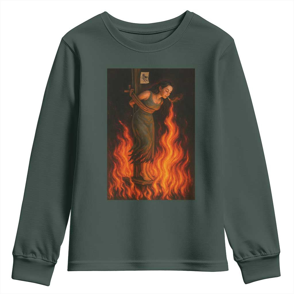 Funny Halloween Witch Youth Sweatshirt Witch Lighting Cigarette With Flames Occult Unholy TS10 Dark Forest Green Print Your Wear