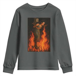 Funny Halloween Witch Youth Sweatshirt Witch Lighting Cigarette With Flames Occult Unholy TS10 Dark Heather Print Your Wear