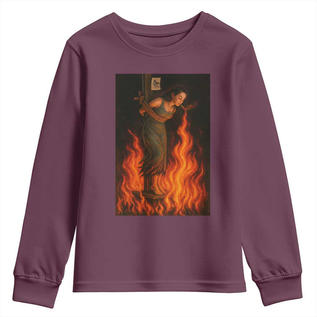 Funny Halloween Witch Youth Sweatshirt Witch Lighting Cigarette With Flames Occult Unholy TS10 Maroon Print Your Wear
