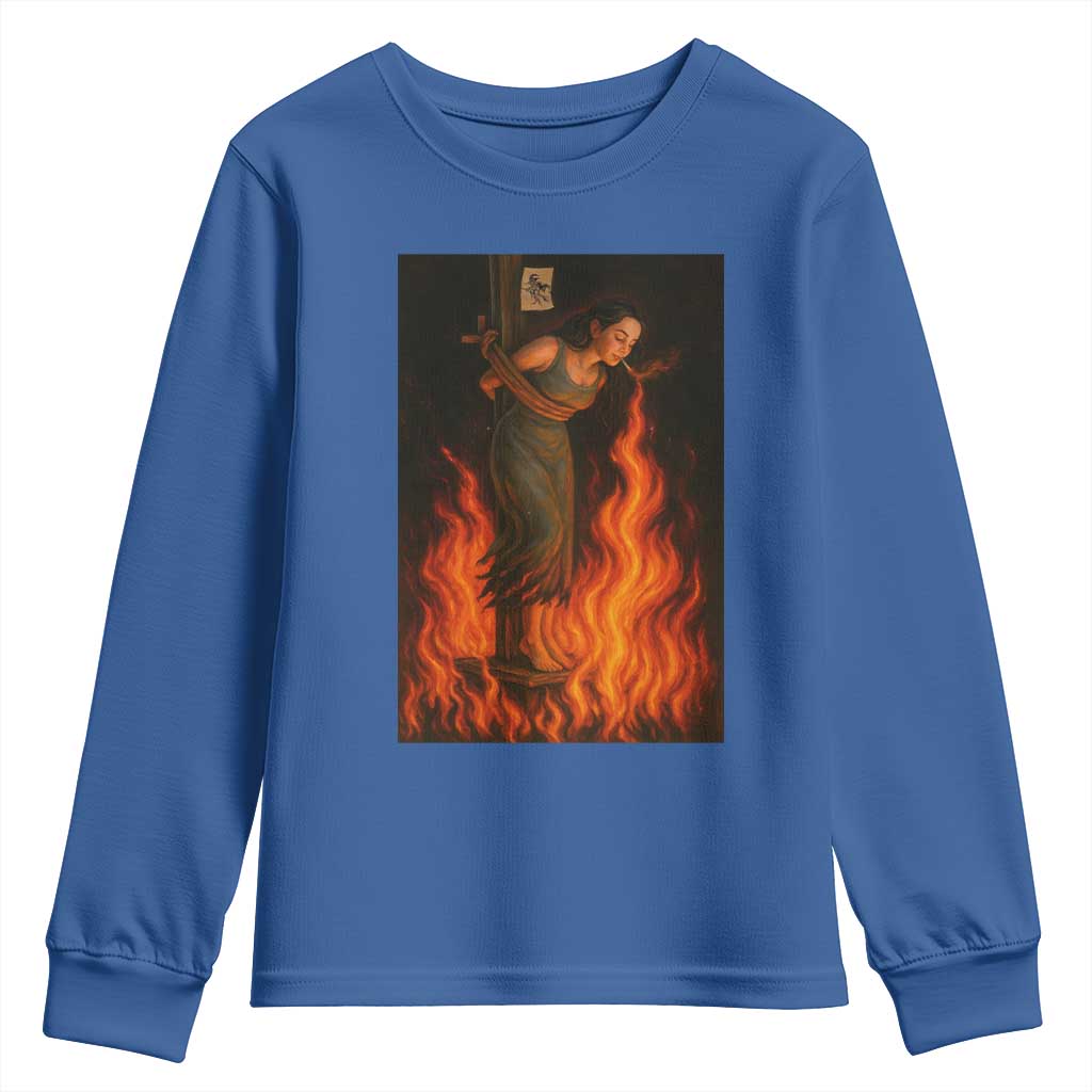 Funny Halloween Witch Youth Sweatshirt Witch Lighting Cigarette With Flames Occult Unholy TS10 Royal Blue Print Your Wear