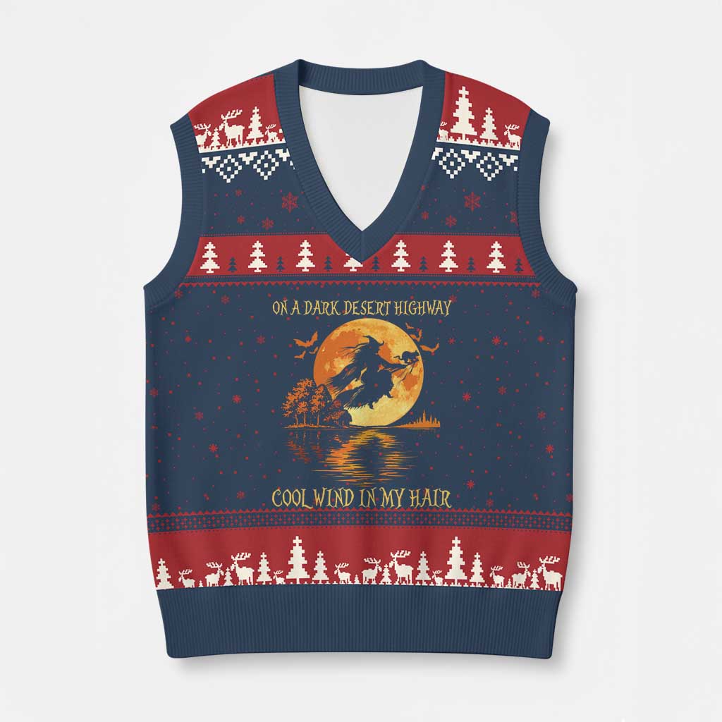 Funny Witch V-Neck Knit Sweater Vest On A Dark Desert Highway Cool Wind In My Hair TS10 Navy Red Print Your Wear
