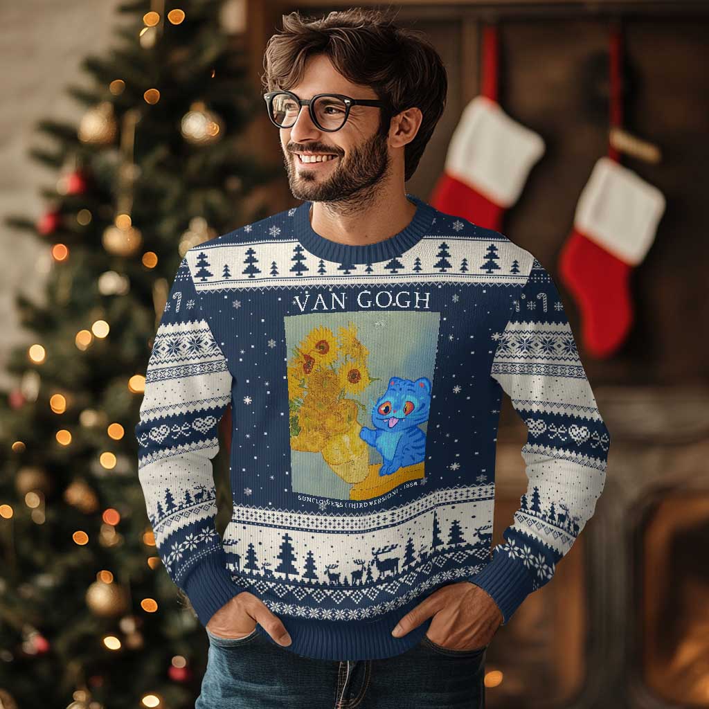 Van Gogh Kpop Fan Ugly Christmas Sweater Blue Tiger Vintage Art Sunflower Cat TS10 Navy Beige Print Your Wear