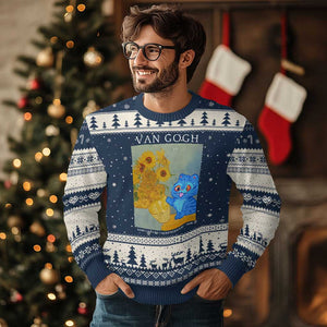 Van Gogh Kpop Fan Ugly Christmas Sweater Blue Tiger Vintage Art Sunflower Cat TS10 Navy Beige Print Your Wear