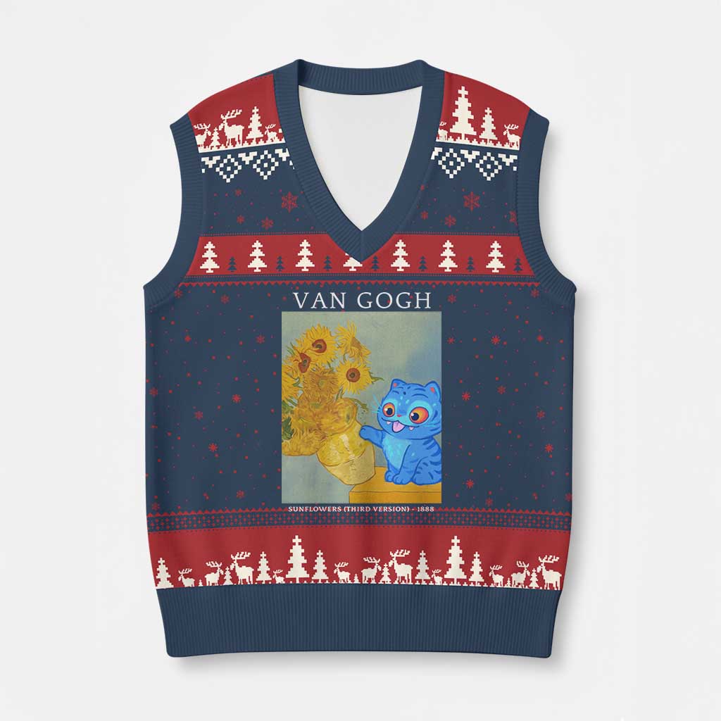 Van Gogh Kpop Fan V-Neck Knit Sweater Vest Blue Tiger Vintage Art Sunflower Cat TS10 Navy Red Print Your Wear