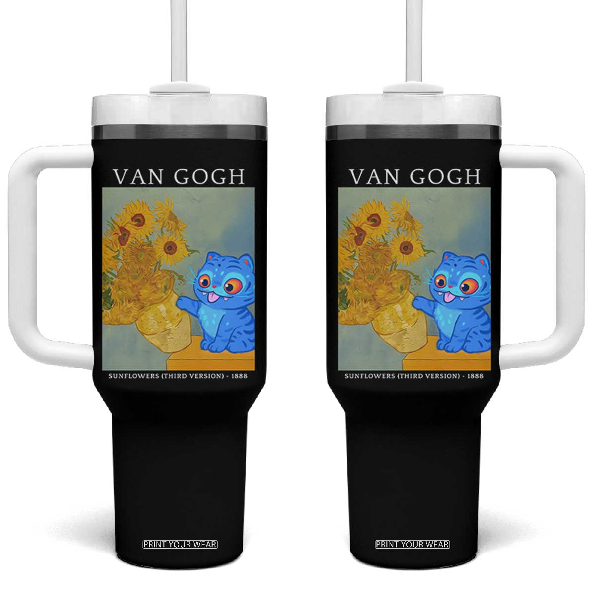 Van Gogh Kpop Fan Tumbler With Handle Blue Tiger Vintage Art Sunflower Cat TS10 One Size: 40 oz Black Print Your Wear