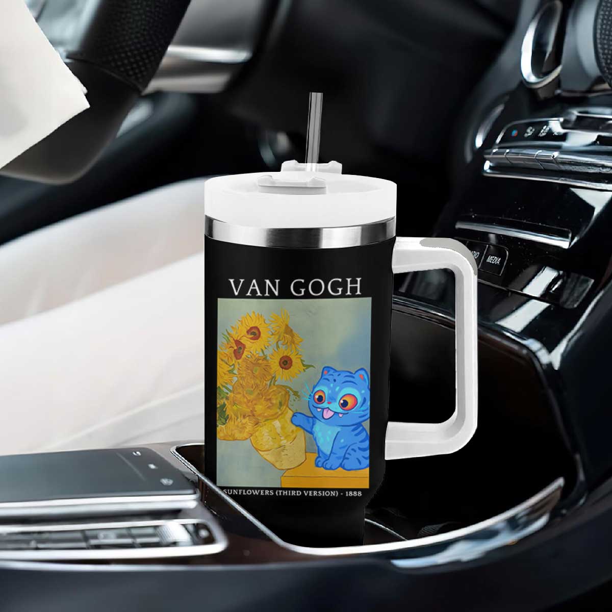 Van Gogh Kpop Fan Tumbler With Handle Blue Tiger Vintage Art Sunflower Cat TS10 Print Your Wear