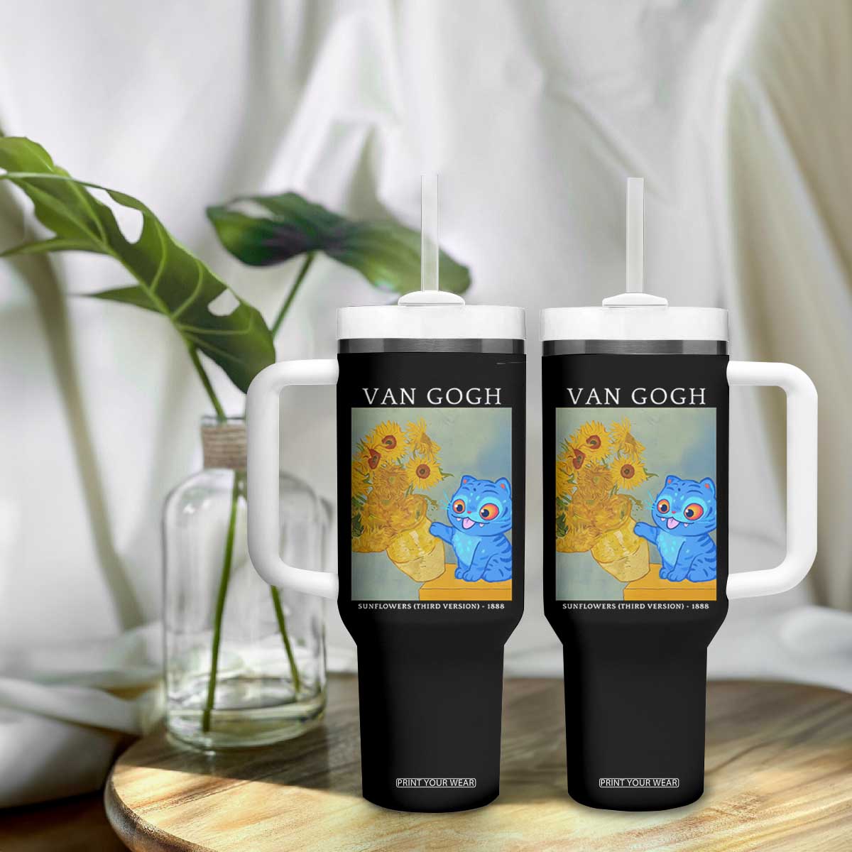 Van Gogh Kpop Fan Tumbler With Handle Blue Tiger Vintage Art Sunflower Cat TS10 Print Your Wear