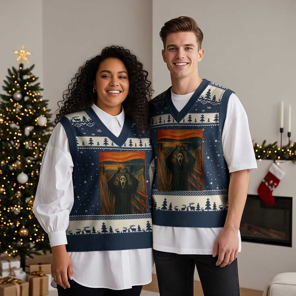 Ghost Heart Hands V-Neck Knit Sweater Vest Scary Face Horror Halloween TS10 Navy Beige Print Your Wear
