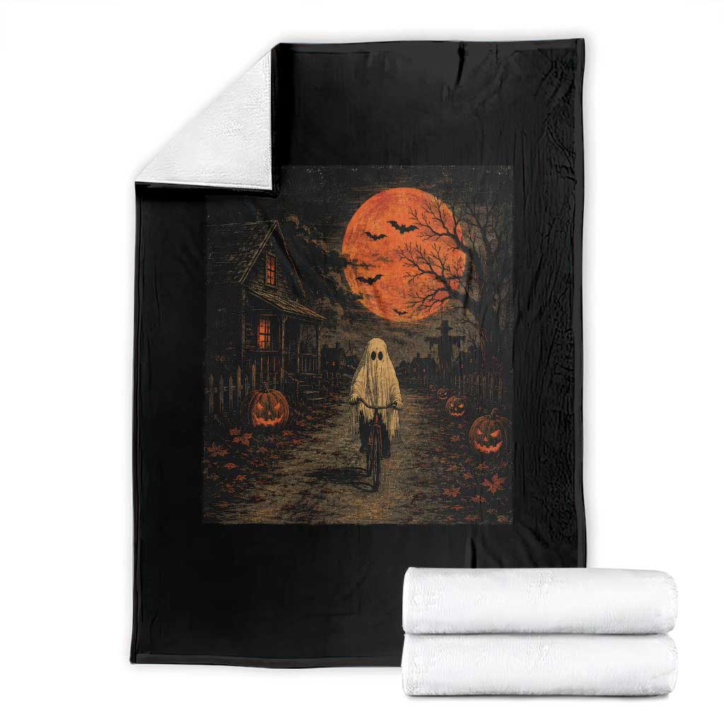 Halloween Spooky Ghost Biking Throw Blanket Vintage Ghost Riding Bicycle Gothic Moonlit Pumpkin Autumn Graphic TS10 Black Print Your Wear
