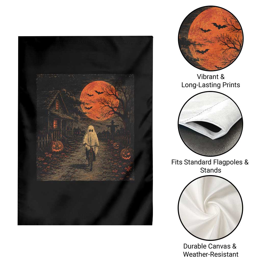 Halloween Spooky Ghost Biking Garden Flag Vintage Ghost Riding Bicycle Gothic Moonlit Pumpkin Autumn Graphic