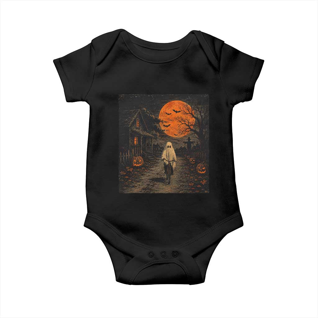 Halloween Spooky Ghost Biking Baby Onesie Vintage Ghost Riding Bicycle Gothic Moonlit Pumpkin Autumn Graphic TS10 Black Print Your Wear