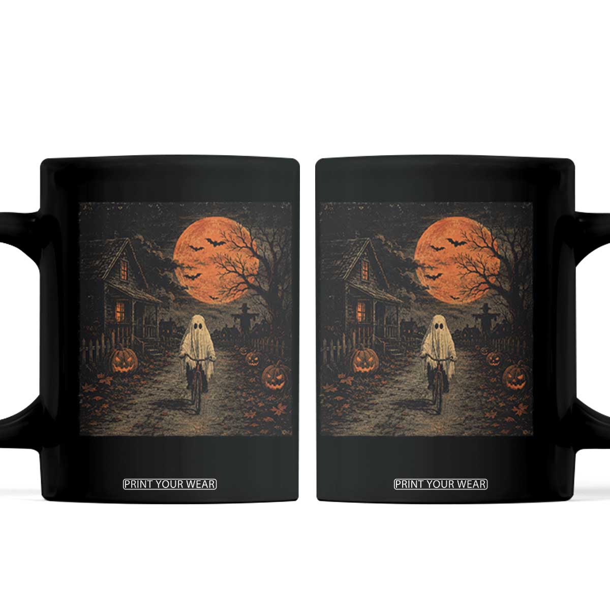 Halloween Spooky Ghost Biking Coffee Mug Vintage Ghost Riding Bicycle Gothic Moonlit Pumpkin Autumn Graphic TS10 Black Print Your Wear